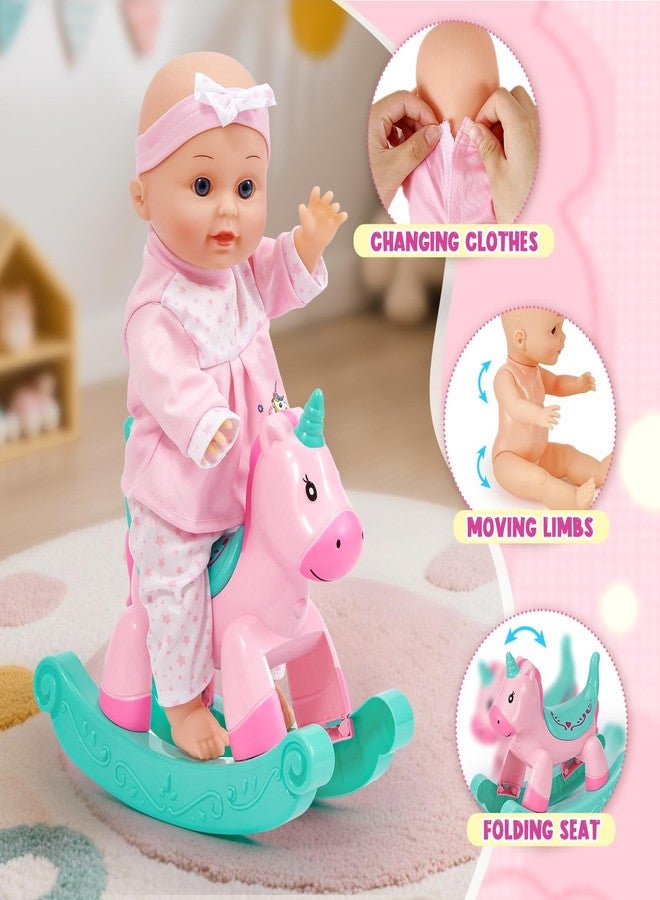 Golray 12 in Baby Doll Toys Set with Stroller for 3 4 5 6 Year Old Girl - 26pcs Babydoll with Accessories Rocking Horse/2 Clothes, Feeding Nursing Pretend Play Toddler Girl Toy Gift 3-5-7 - Image 5